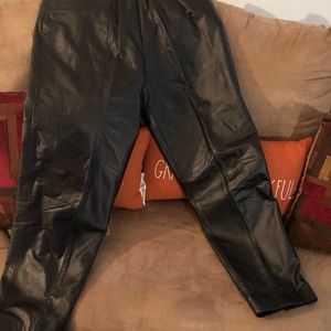 Genuine black leather Women straight leg pants